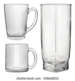 Two opaque cups and one glass for juice on white background