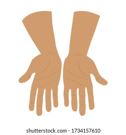 Two open adult Caucasian hands with palms up. Offering and giving gesture. Hand drawn hands for icon or logo. Stock vector flat illustration isolated on white background.