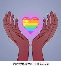 Two open african american hands raised up holding rainbow heart. Gay Pride. LGBT concept. Realistic style vector colorful illustration. Sticker, patch, t-shirt print, logo design.