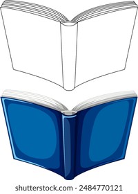 Two open books, one outlined, one colored