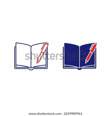 Two open books with pens, one white with blue outline, one blue with white outline.