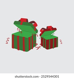 two open christmas gift boxes in green with red stripes and ribbons on the lid on a white background