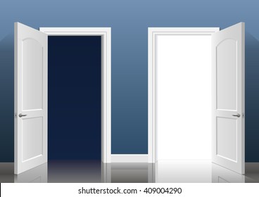 Two open doors into the light and dark blue in the interior of the room. Vector graphics