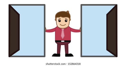 Two Open Doors - Which to Choose Concept Cartoon Business Character