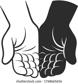 Two open empty hands black and white inside. Hands concept of receive something. Isolated sketch object. Flat vector illustration.