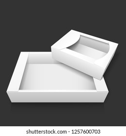 Two open empty white realistic cardboard box without lid for storing candy and baking, as well wrapping gifts and other items. Mockup. Isolated on dark gray background. EPS10 vector illustration.