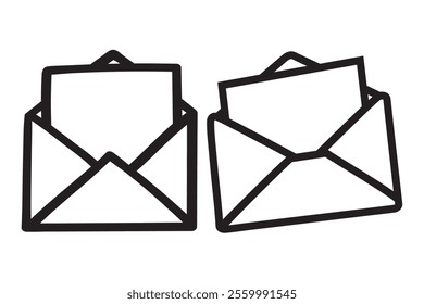 Two open envelopes. Outline design. Isolated icons. Illustrations on white background.