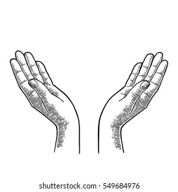 Two open female hands showing protecting gesture. Vector black vintage engraving illustration isolated on a white background. For web, poster, info graphic.