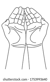Two open hand palms together. Concept of holding, giving, showing,  protection and care. Vector illustration in outline style isolated on white background.