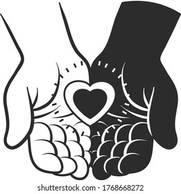 Two open hands black and white inside with heart. Isolated sketch object. Flat vector illustration.