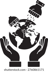 Two open hands cradle a fractured planet. A spotlight illuminates crisis zone marked by an asterisk signifying global endangerment. Useful for environmental awareness campaigns.