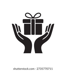 Two open hands cradling a gift box with a ribbon symbolizing acts of giving and generosity in a simple black and white design.