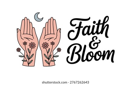 Two open hands with flowers and a crescent moon, 