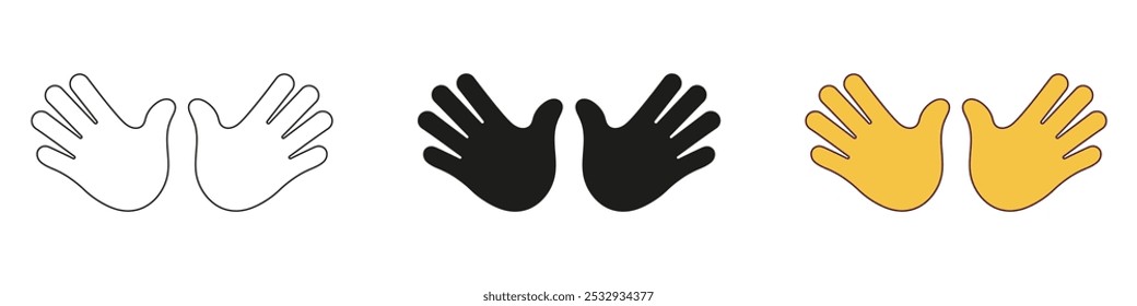 Two Open Hands for Greeting or High Five Gestures Set. Open Palms Line and Silhouette Sign. Double Hands Emoji Icon. Editable Stroke. Isolated Vector Illustration.