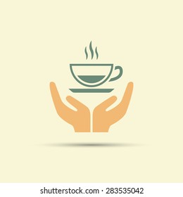 Two Open Hands Holding Cup Of Coffee Isolated Vector Colored Icon