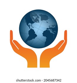 Two open hands holding earth logo vector design template.