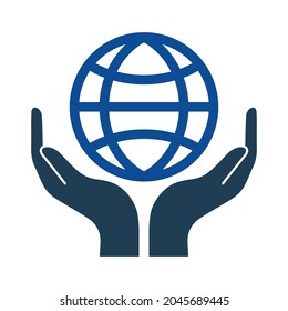 Two open hands holding globe vector design template.