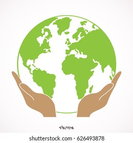 Two open hands holding globe isolated vector colored icon