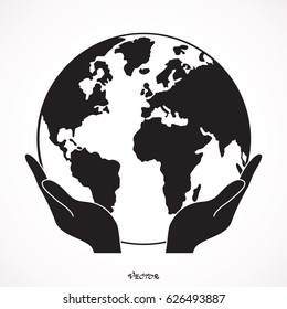 Two open hands holding globe isolated vector colored icon