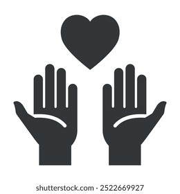 Two open hands icon uplifted with a heart above, representing the spirit of giving and community engagement in charitable activities aimed at helping others.