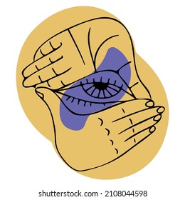 two open hands make square with magic all seeing eye inside on abstract blots background card poster wall art vector illustration