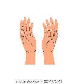 Two open hands with palms up. Top view, trendy flat vector illustration isolated on white background.