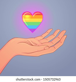 Two open hands raised up holding rainbow heart. Gay Pride. LGBT concept. Realistic style vector colorful illustration. Sticker, patch, t-shirt print, logo design.