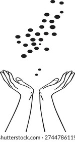 Two open hands reaching up to catch floating dots. Abstract pattern of scattered circles, conceptual idea of hope.