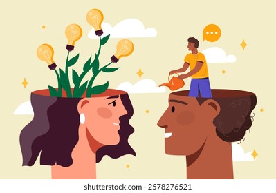 Two open heads with a plant growing light bulbs in one, and a person watering the plant in the other. Creative and collaborative idea growth concept. Vector illustration