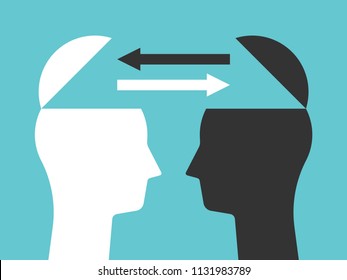 Two open heads silhouettes with arrows exchanging thoughts. Communication, idea, knowledge, teamwork and education concept. Flat design. Vector illustration, no transparency, no gradients