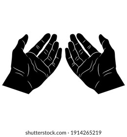 Two open human hands. Empty male palms in cupped gesture. Black and white silhouette.