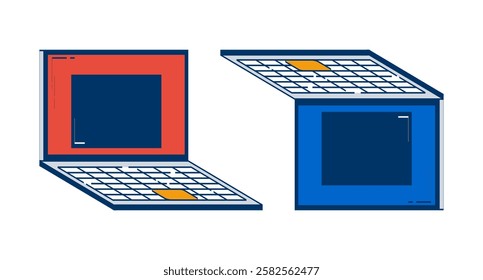 Two open laptops placed side by side 2D doodle objects set. Notebooks with keyboards and touchpads cartoon elements flat vector cliparts isolated on white. Hand drawn illustrations collection