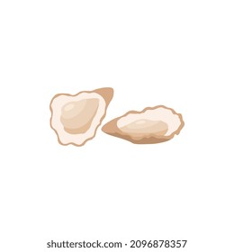 Two open oysters, cartoon vector illustration. Raw uncooked shell fish delicatessen food, beige color.