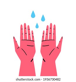 Dos palmeras abiertas con gotas de agua aisladas de fondo blanco. Lávese las manos con el cartel de ilustración plana vectorial. 