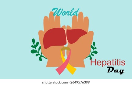 Dos Palmas Abiertas Del Mundo Hepatitis Da Azul. Cinta de Concienciación sobre la Hepatitis. Concepto del cartel de la campaña del día mundial de la hepatitis con los doctores tratan el hígado en estilo plano 2D y diseño del Vector