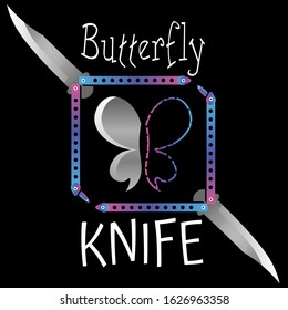 two open rainbow butterfly knives and abstract butterfly