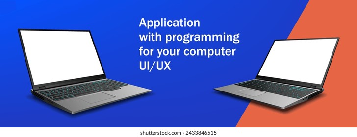 Two open, realistic laptops with blank displays. Software for your computer. Programming and the operation of your laptop. Vector illustration with modern laptops