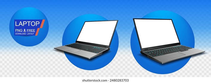 Zwei offene, realistische Laptops mit leeren Displays. Präsentation neuestes Modell Laptop mit leerem Bildschirm. Leistungsstarkes persönliches Notebook auf transparentem Hintergrund. Vektorillustration mit modernen Notebooks