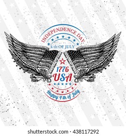 Two open wings with American flag colors opposite each other. Independence day vector grunge background