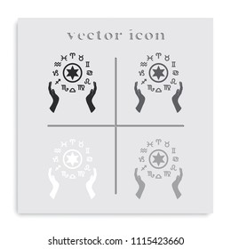 Two opened hands holding circle with signs of zodiac flat black and white vector icon.