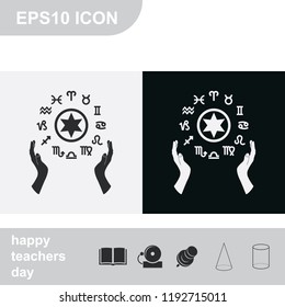 Two opened hands holding circle with signs of zodiac flat black and white vector icon.