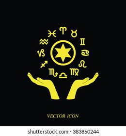 Two opened hands holding circle with signs of zodiac.