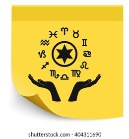 Two opened hands holding circle with signs of zodiac.
