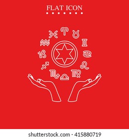 Two opened hands holding circle with signs of zodiac.