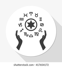 Two opened hands holding circle with signs of zodiac.
