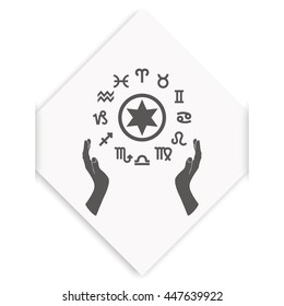 Two opened hands holding circle with signs of zodiac.