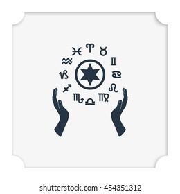 Two opened hands holding circle with signs of zodiac.