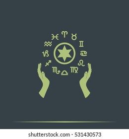 Two opened hands holding circle with signs of zodiac.