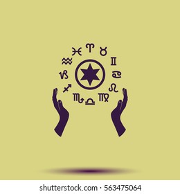 Two opened hands holding circle with signs of zodiac.