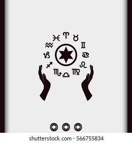 Two opened hands holding circle with signs of zodiac.